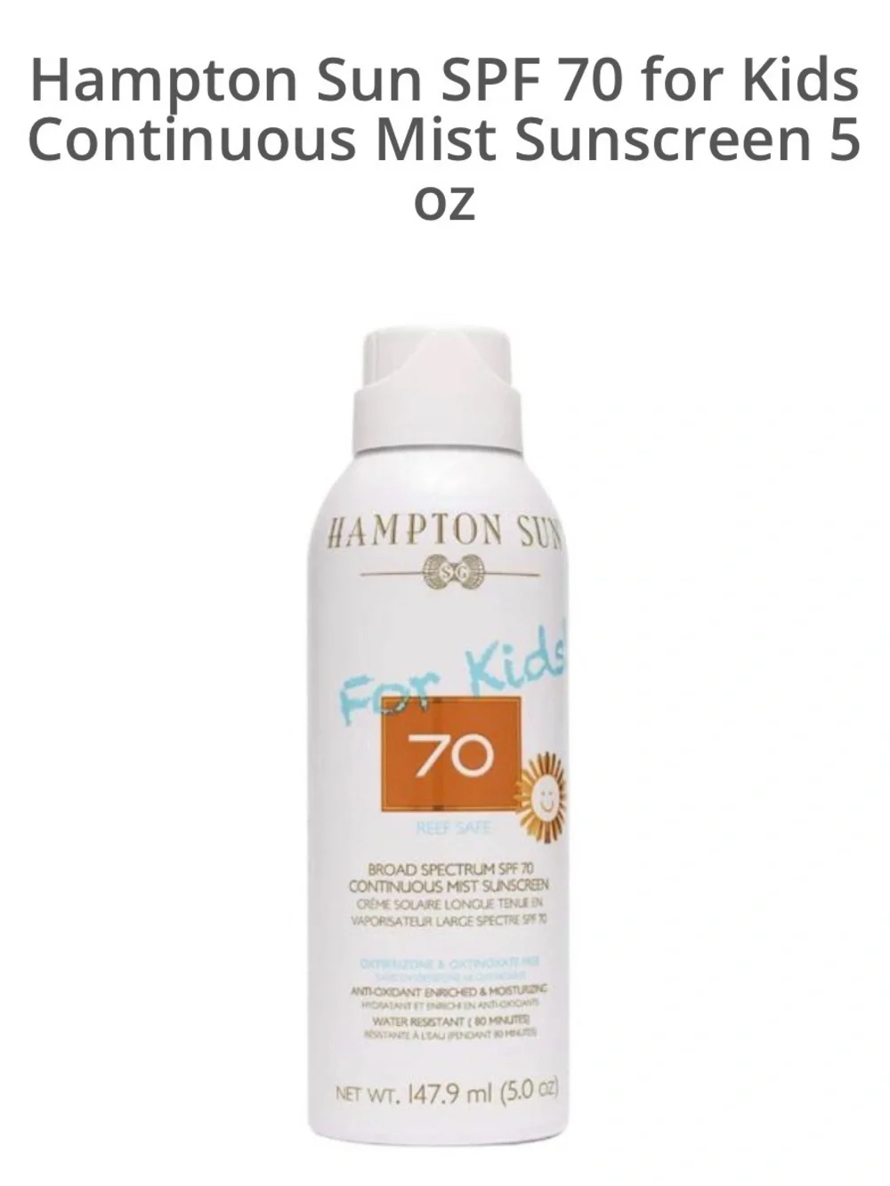 Hampton sun  SPF 70 Kids Sunscreen Spray - White